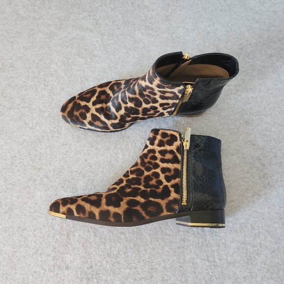 Michael Kors Leopard Calf Hair Leather Ankle Boots Side-Zipper Black Brown - Picture 1 of 10